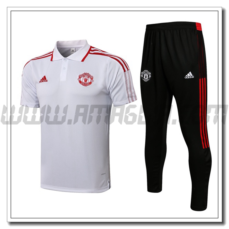 Kit Maglia Polo Manchester United + Pantaloni Rosso/Bianco 2021 2022 -01