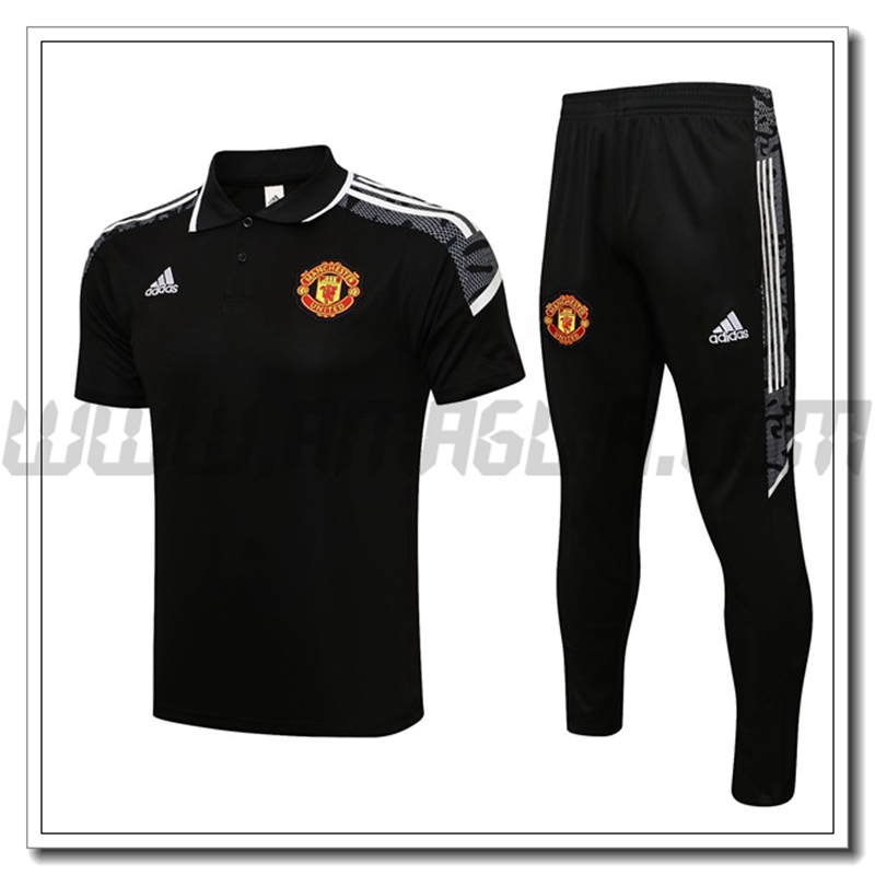Kit Maglia Polo Manchester United + Pantaloni Nero/Bianco 2021 2022
