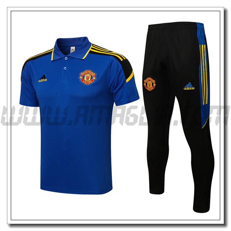 Kit Maglia Polo Manchester United + Pantaloni Blu/Nero 2021 2022 -01