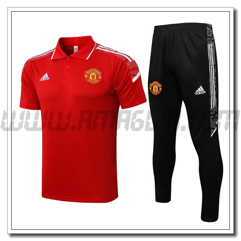 Kit Maglia Polo Manchester United + Pantaloni Bianco/Rosso 2021 2022 -01