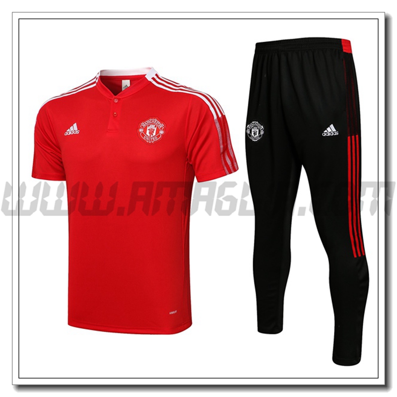 Kit Maglia Polo Manchester United + Pantaloni Bianco/Rosso 2021 2022