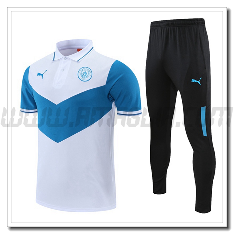 Kit Maglia Polo Manchester City + Pantaloni Bianco/Blu 2021 2022