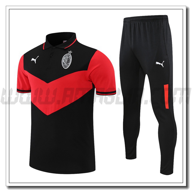 Kit Maglia Polo AC Milan + Pantaloni Nero/Rosso 2021 2022