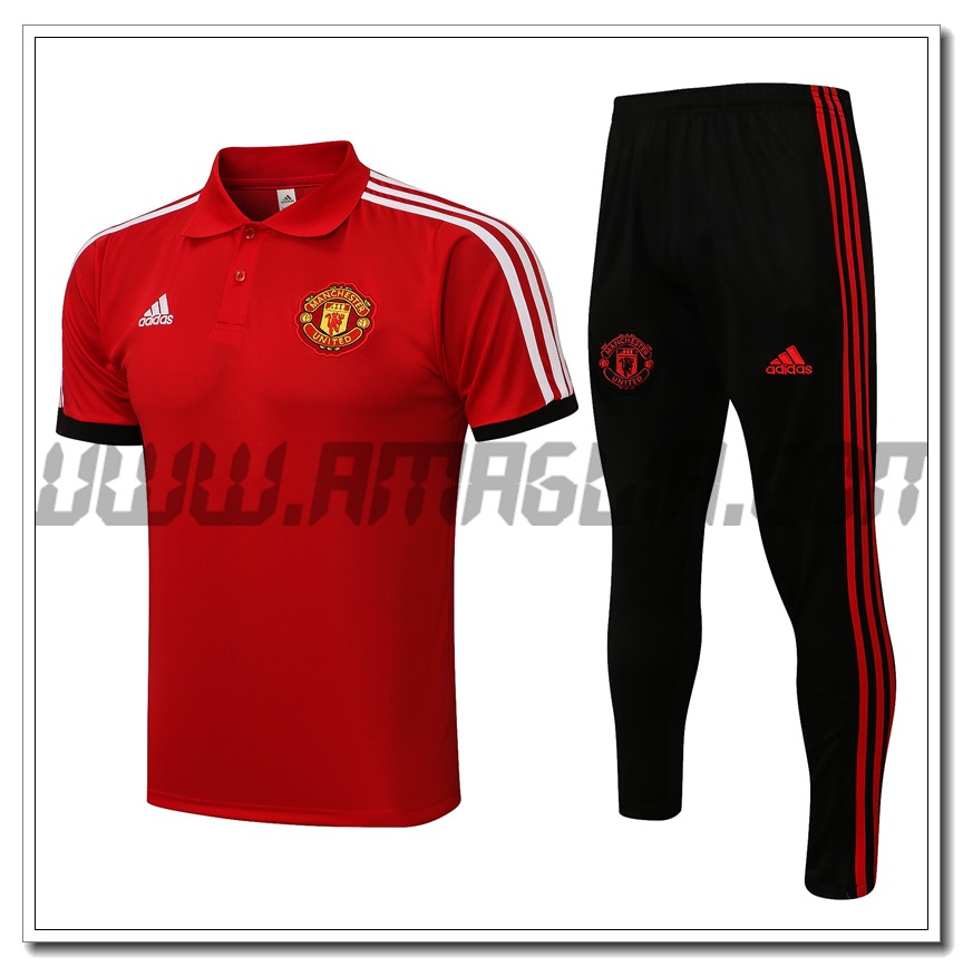 Kit Maglia Polo Manchester United + Pantaloni Rosso/Bianco 2021 2022
