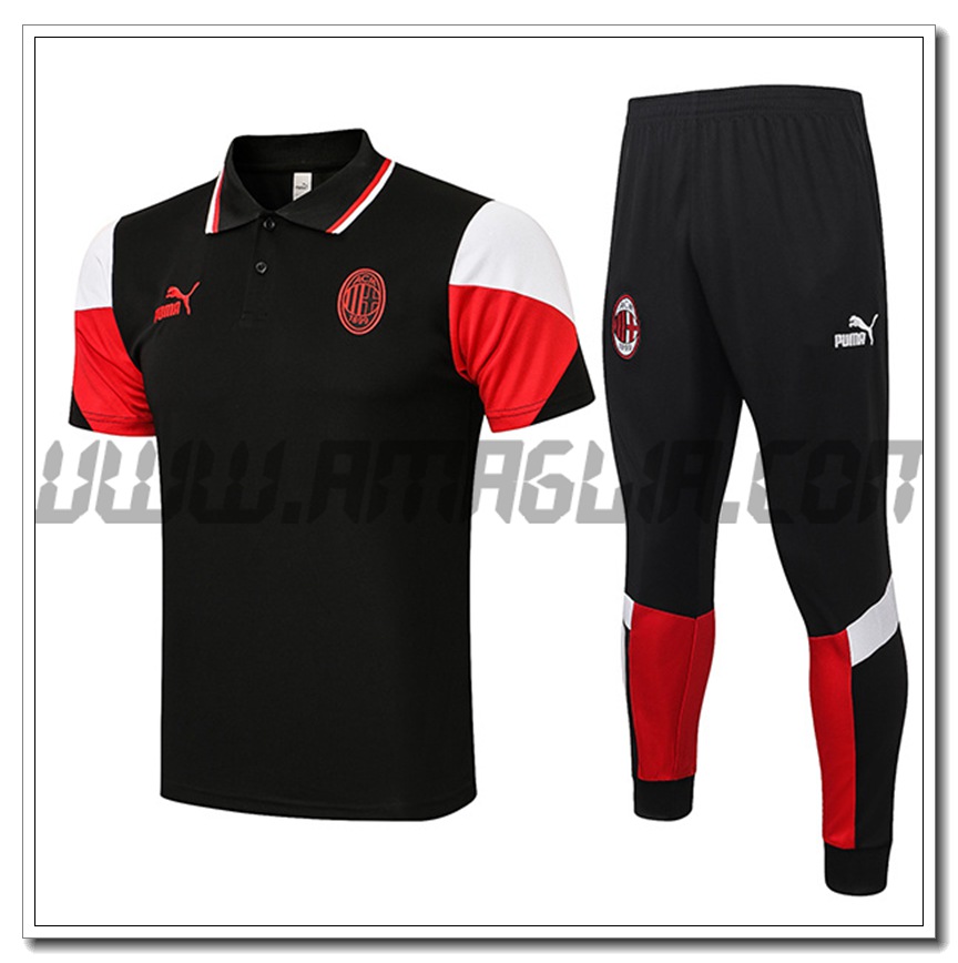Kit Maglia Polo AC Milan + Pantaloni Nero/Rosso 2021 2022