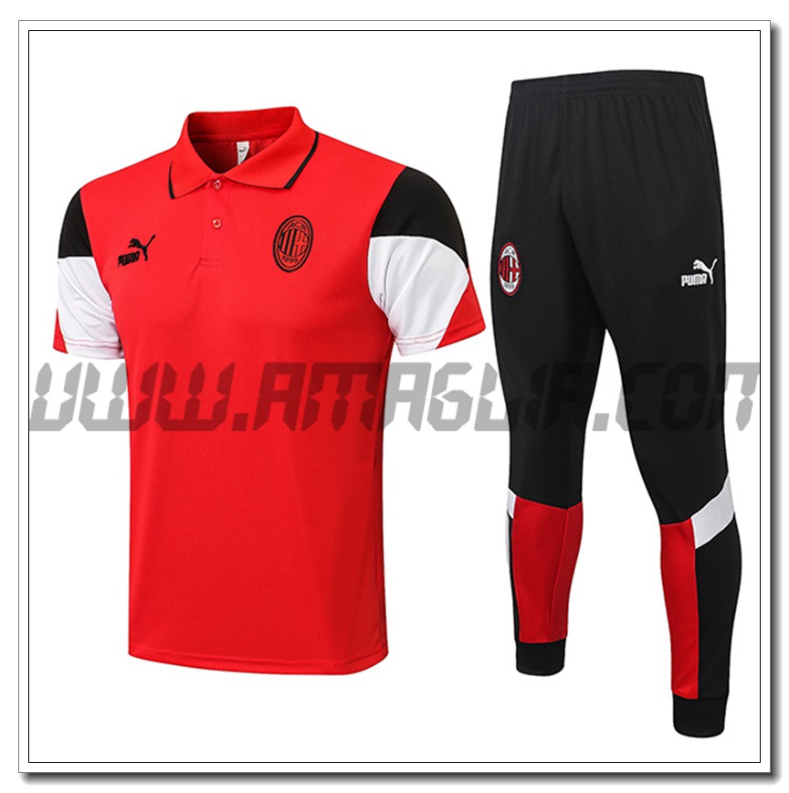 Kit Maglia Polo AC Milan + Pantaloni Bianco/Rosso 2021 2022