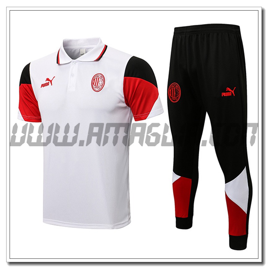 Kit Maglia Polo AC Milan + Pantaloni Rosso/Bianco 2021 2022