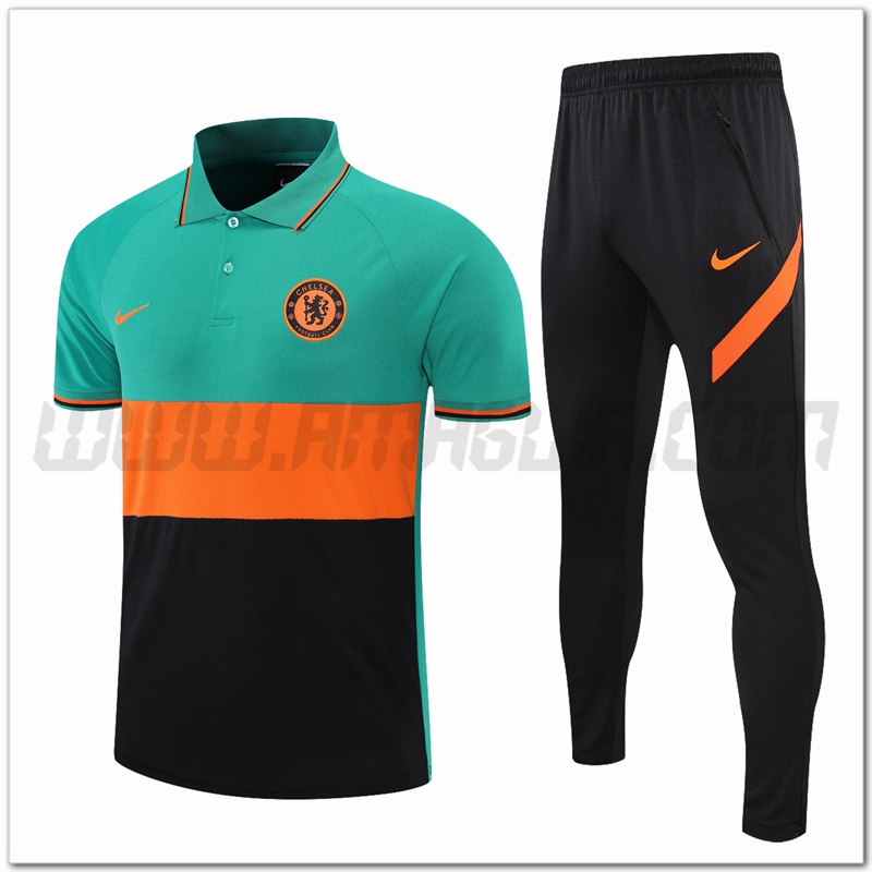 Maglia Polo FC Chelsea + Pantaloni Nero/Verde/Arancia 2021 2022
