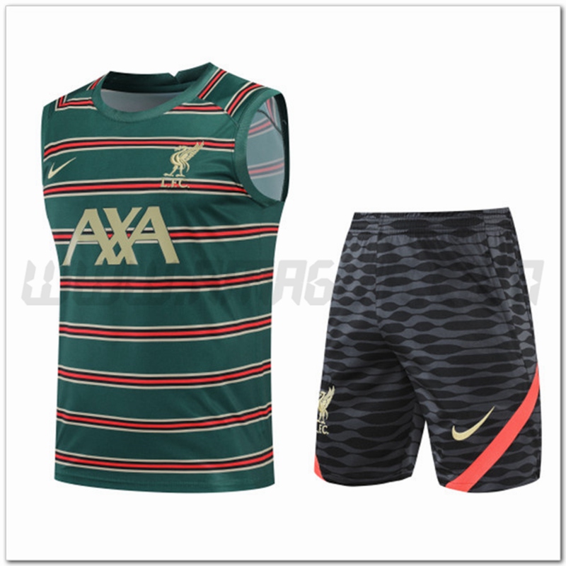 Maglia Allenamento Senza Maniche FC Liverpool + Pantaloncini Verde/Rosso 2022 2023