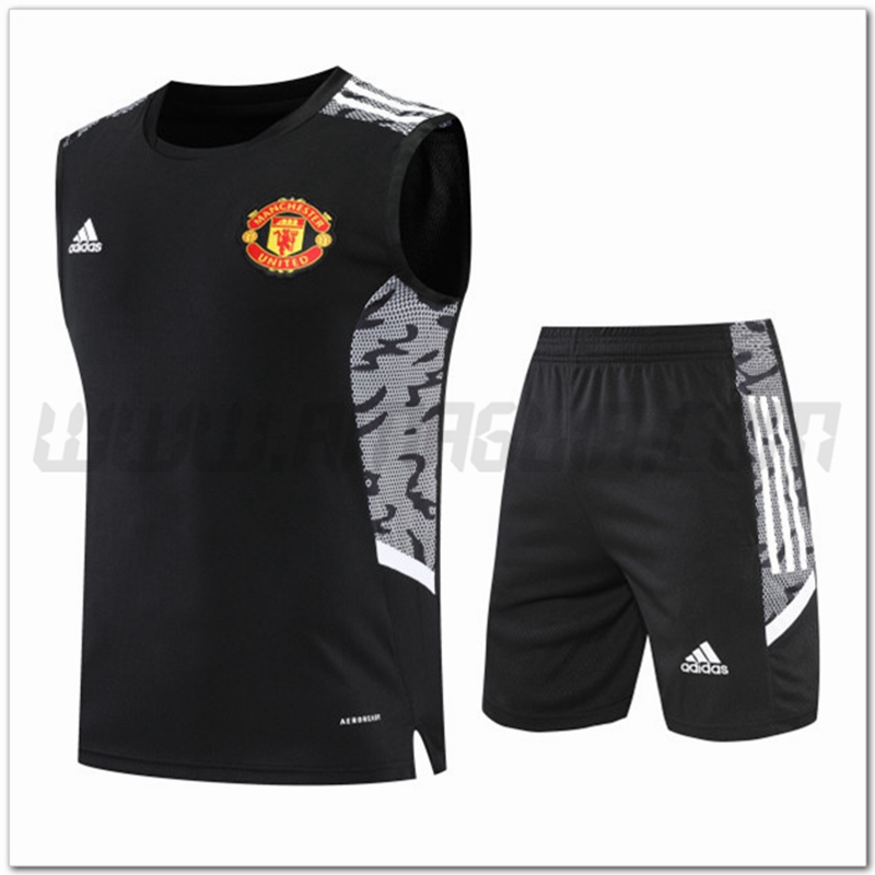 Maglia Allenamento Senza Maniche Manchester United + Pantaloncini Nero/Grigio 2022 2023