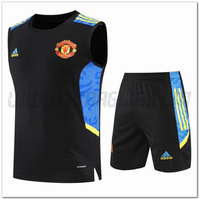 Maglia Allenamento Senza Maniche Manchester United + Pantaloncini Nero/Blu 2022 2023