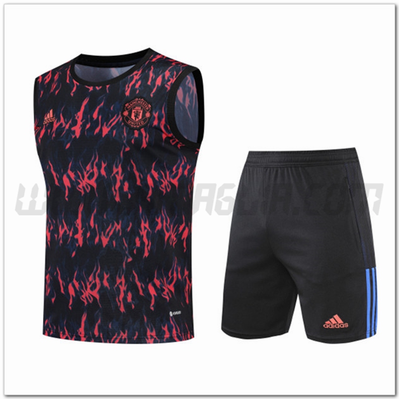 Maglia Allenamento Senza Maniche Manchester United + Pantaloncini Nero/Rosso 2022 2023
