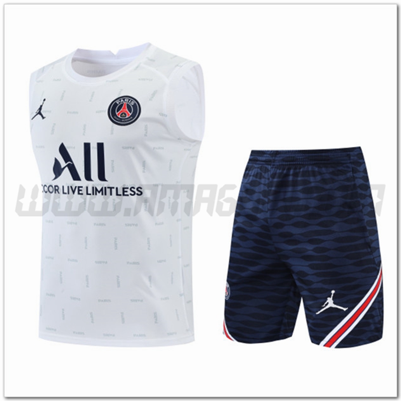 Maglia Allenamento Senza Maniche Jordan PSG + Pantaloncini Bianco 2022 2023