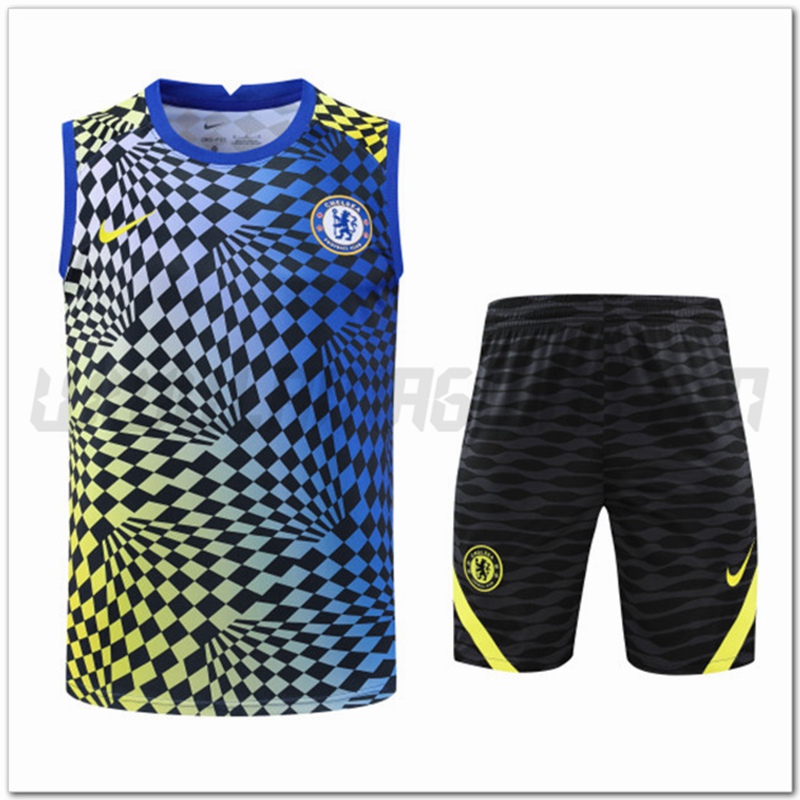 Maglia Allenamento Senza Maniche FC Chelsea + Pantaloncini Blu/Giallo 2022 2023