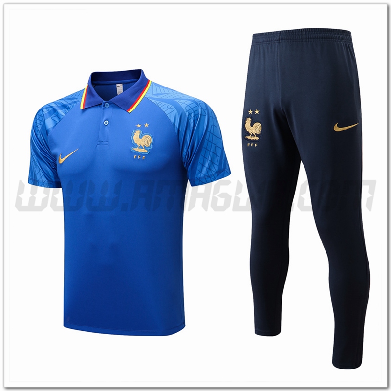 Kit Maglia Polo Francia + Pantaloni Blu 2022 2023