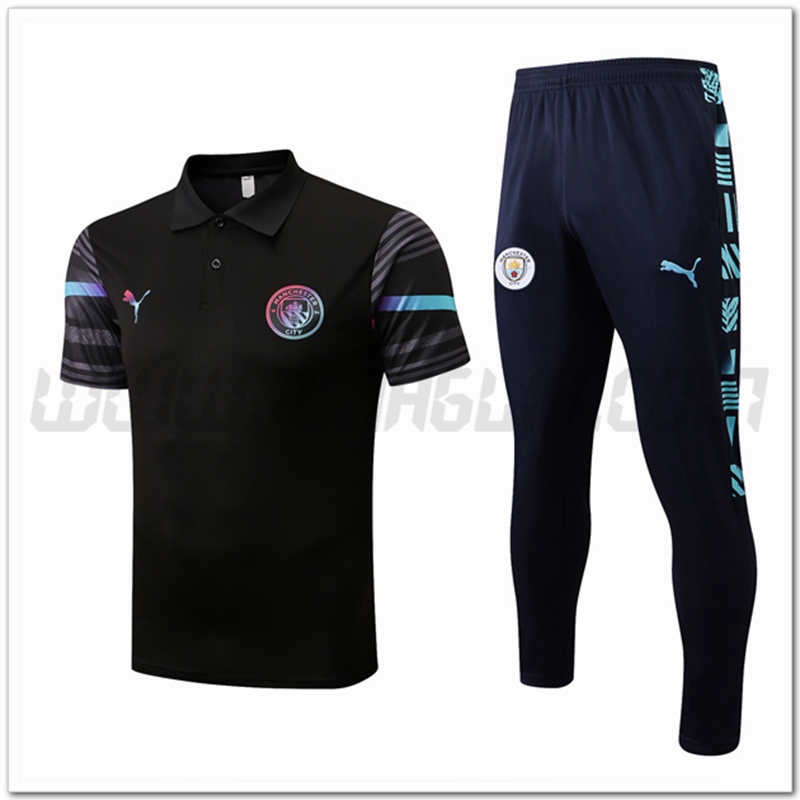 Kit Maglia Polo Manchester City + Pantaloni Nero 2022 2023