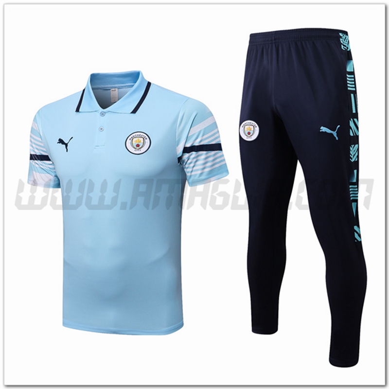 Kit Maglia Polo Manchester City + Pantaloni Azzurro 2022 2023