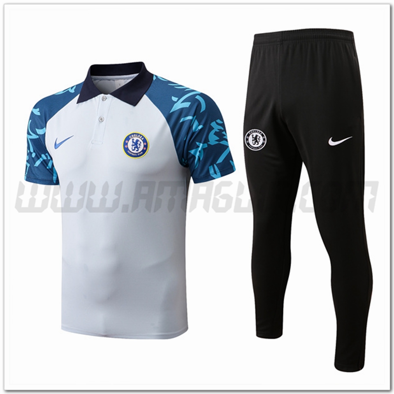 Kit Maglia Polo FC Chelsea + Pantaloni Bianco/Blu 2022 2023
