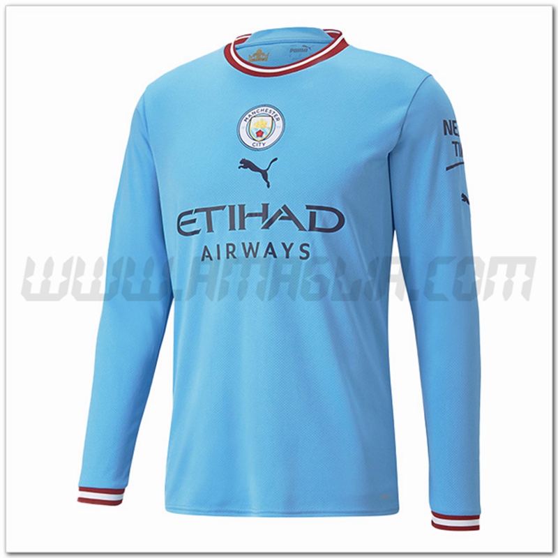 Prima Nuovo Maglia Manchester City Maniche lunghe 2022 2023 Cielo blu