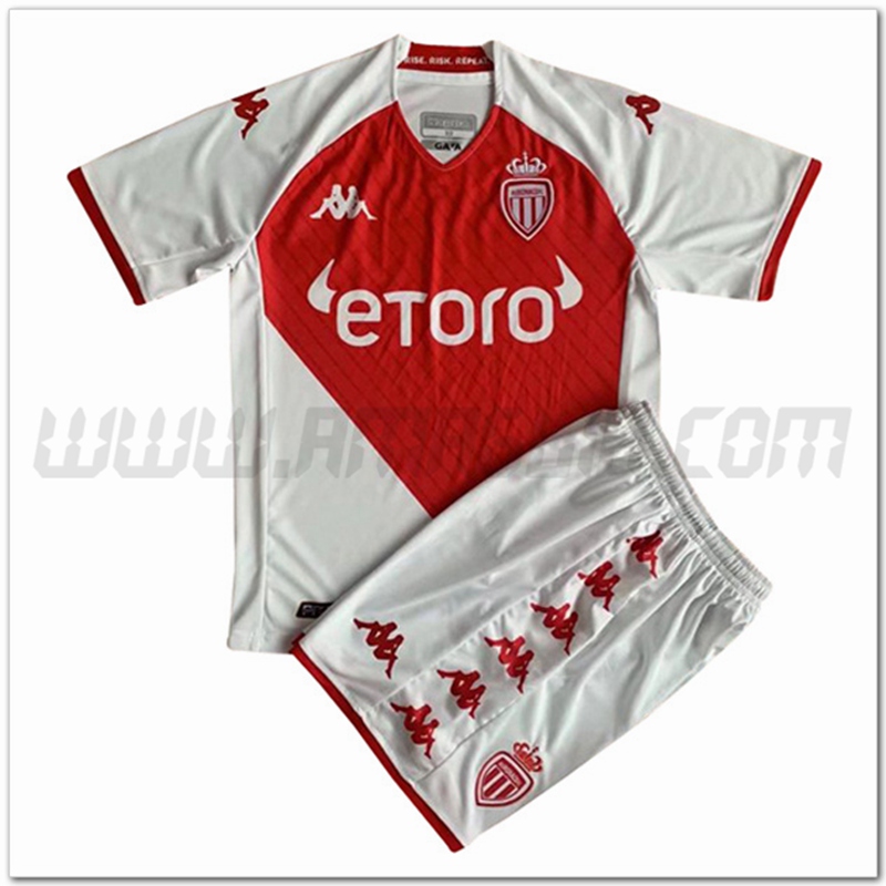 Nuovo Kit Maglia AS Monaco Bambino Prima 2022 2023 Rosso Bianco