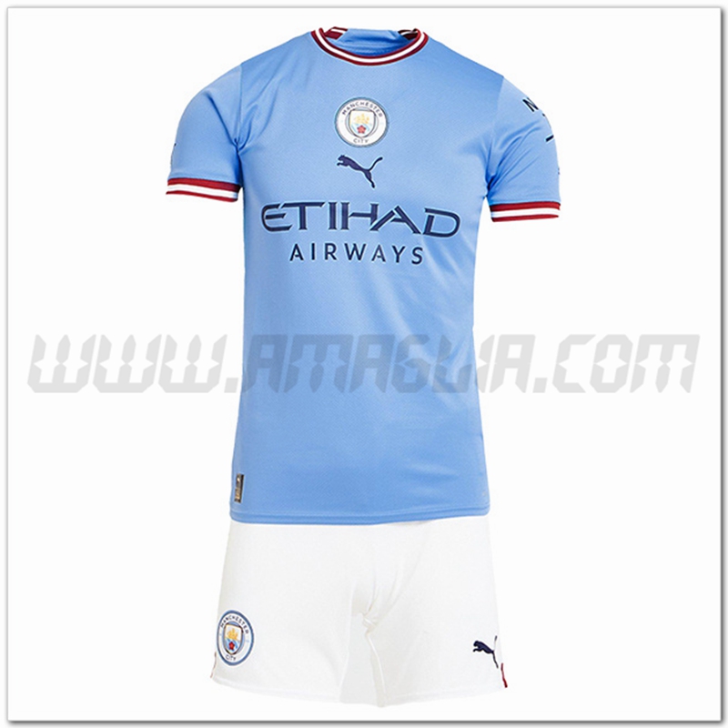 Nuovo Kit Maglia Manchester City Bambino Prima 2022 2023 Cielo blu
