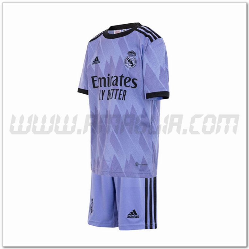 Nuovo Kit Maglia Real Madrid Bambino Seconda 2022 2023 Viola