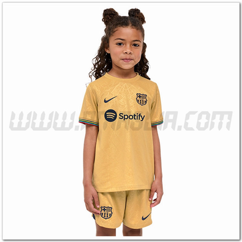 Nuovo Kit Maglia FC Barcellona Bambino Seconda 2022 2023 Giallo scuro