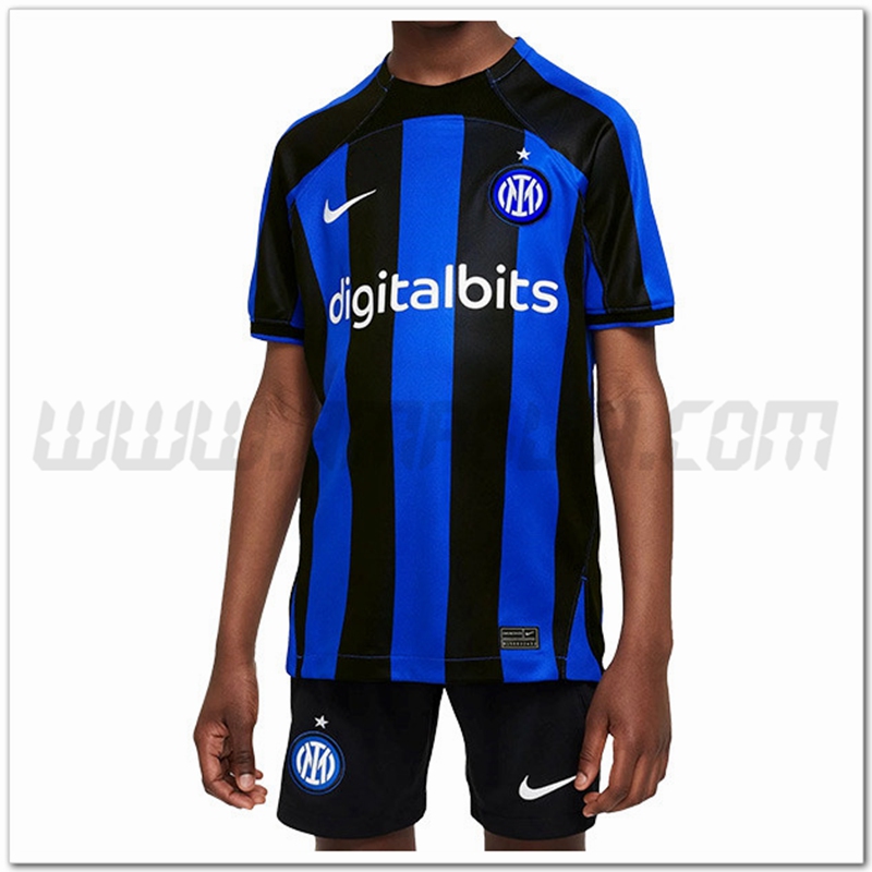 Nuovo Kit Maglia Inter Milan Bambino Prima 2022 2023 Blu Nero