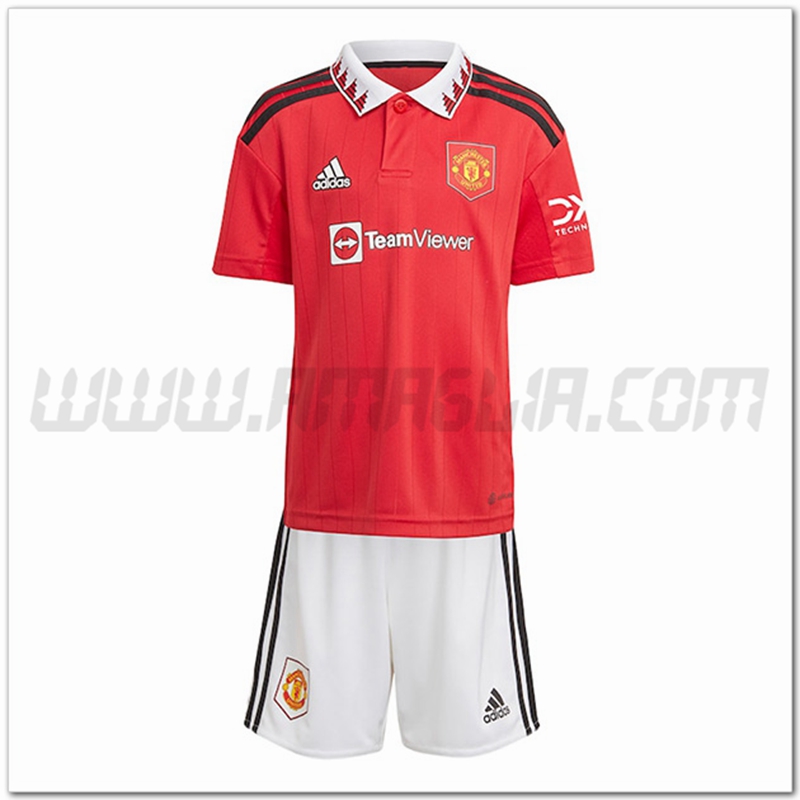 Nuovo Kit Maglia Manchester United Bambino Prima 2022 2023 Rosso