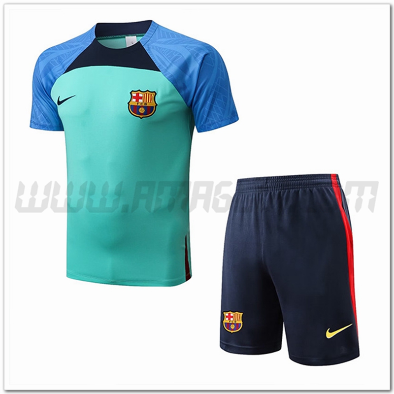 Kit Maglia Allenamento FC Barcellona + Pantalonicini Blu/Verde 2022 2023