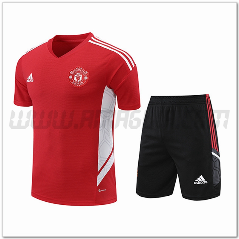 Kit Maglia Allenamento Manchester United + Pantalonicini Rosso/Bianco 2022 2023