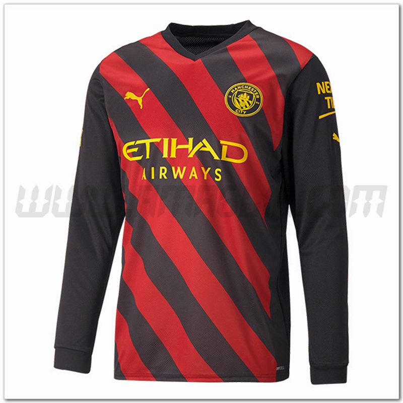 Manchester City Seconda Nuovo Maglia Maniche lunghe 2022 2023 Rosso Nero