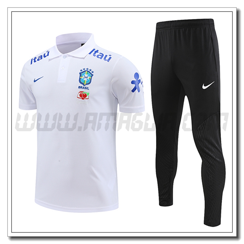 KIT Maglia Polo Brasile + Pantaloni Bianco 2022 2023