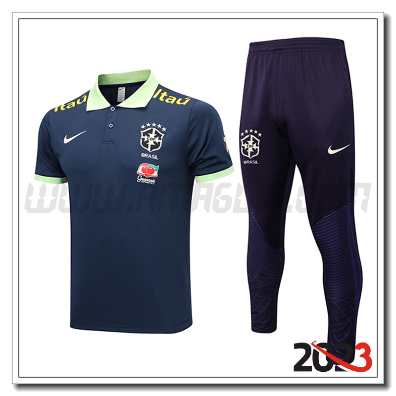 KIT Maglia Polo Brasile + Pantaloni Blu Marino 2023 2024