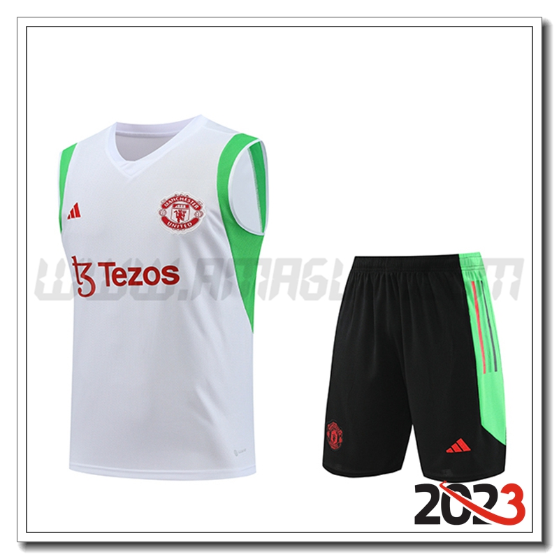 Kit Canotta Allenamento Manchester United + Pantaloncini Bianco 2023 2024