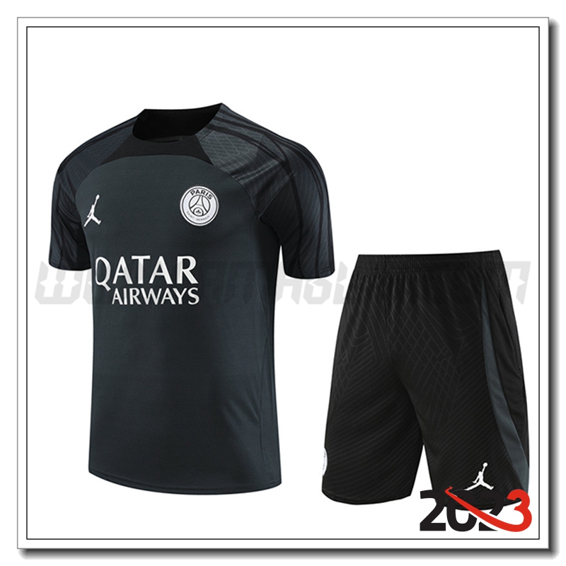 Kit Maglia Allenamento + Pantaloncini Jordan PSG Grigio Scuro 2023 2024