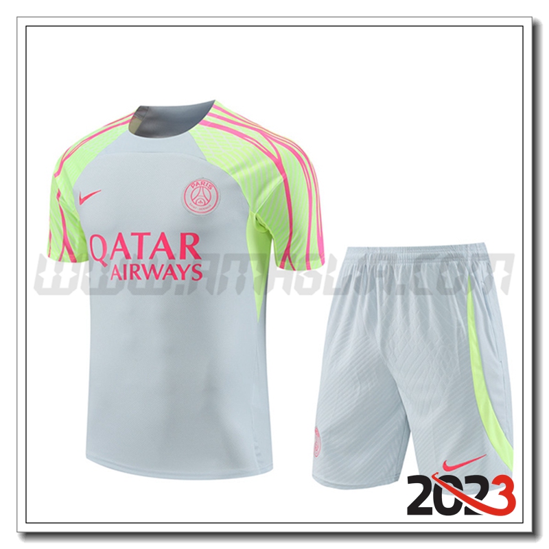Kit Maglia Allenamento + Pantaloncini PSG Grigio Chiaro 2023 2024