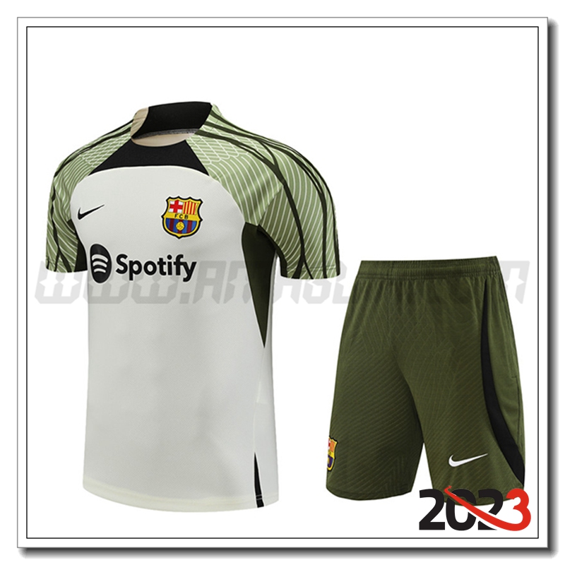 Kit Maglia Allenamento + Pantaloncini FC Barcellona Bianco/Verde 2023 2024