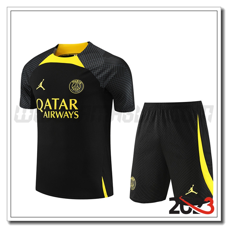 Kit Maglia Allenamento + Pantaloncini Jordan PSG Nero/Giallo 2023 2024