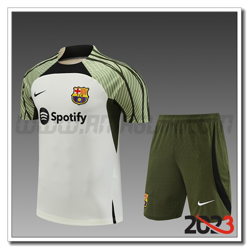 Kit Maglia Allenamento + Pantaloncini FC Barcellona Bambino Bianco/Verde 2023 2024