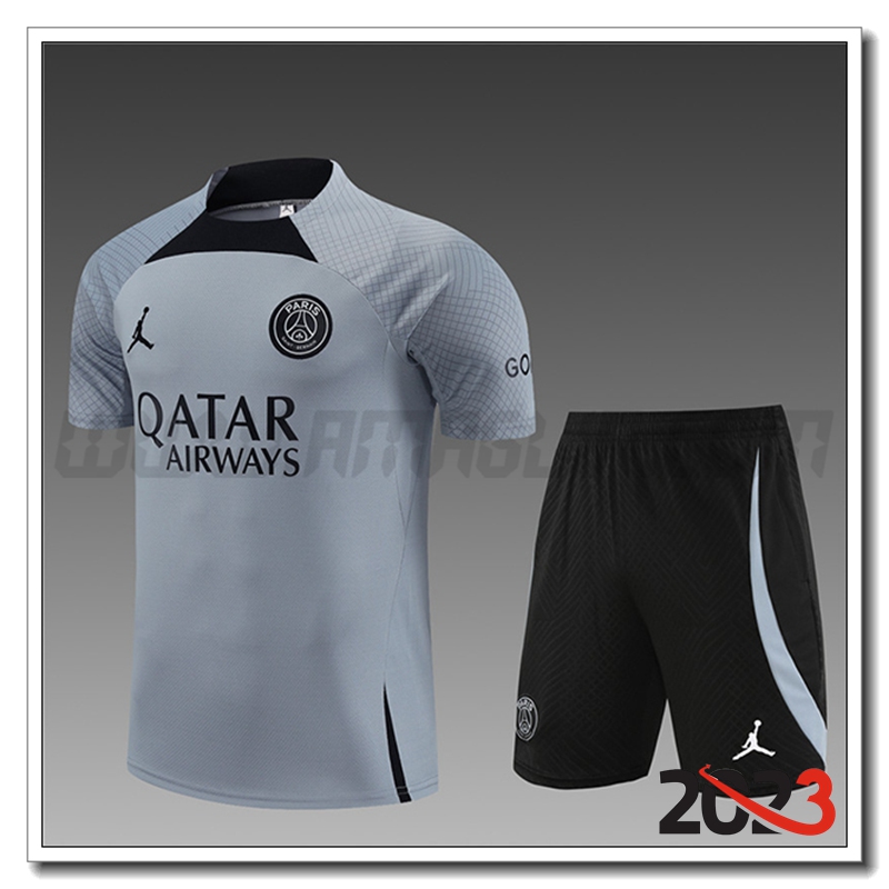 Kit Maglia Allenamento + Pantaloncini Jordan PSG Bambino Grigio Chiaro 2023 2024