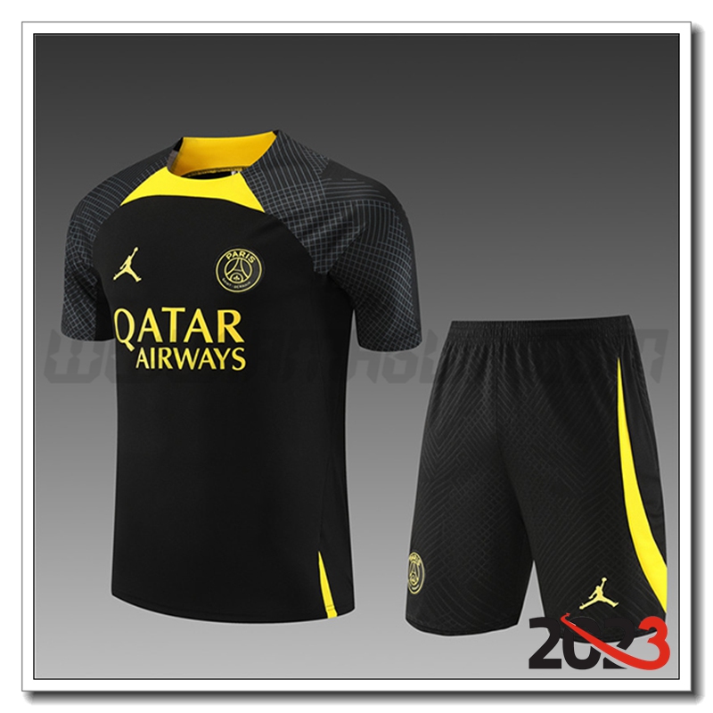 Kit Maglia Allenamento + Pantaloncini Jordan PSG Bambino Nero/Giallo 2023 2024