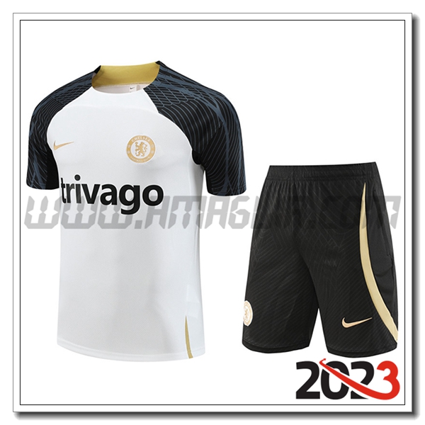 Kit Maglia Allenamento + Pantaloncini FC Chelsea Bianco 2023 2024 -03