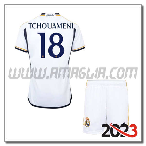 Kit Maglia Real Madrid Bambino TCHOUAM脡NI #18 Prima 2023 2024