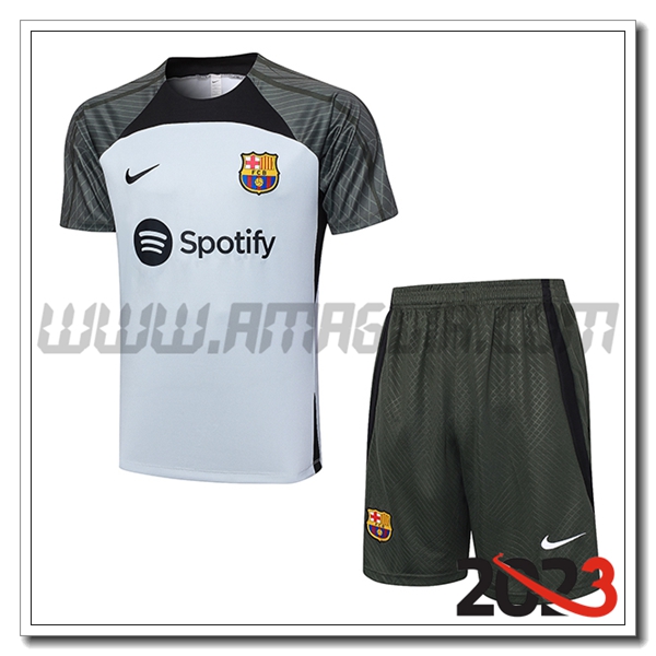 T Shirt Allenamento + Pantalonicini FC Barcellona Grigio Chiaro 2023 2024