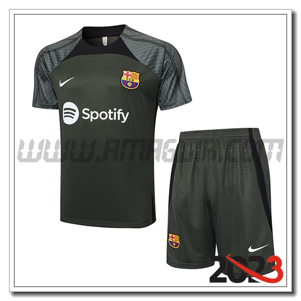 T Shirt Allenamento + Pantalonicini FC Barcellona Verde 2023 2024 -04