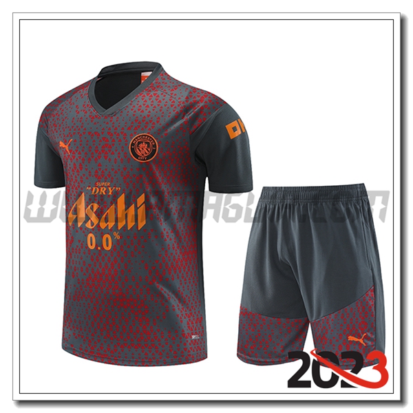 T Shirt Allenamento + Pantalonicini Manchester City Grigio/Rosso 2023 2024