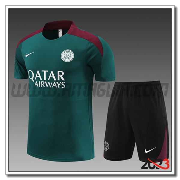 Kit Maglia Allenamento + Pantaloncini PSG Bambino Verde 2023 2024
