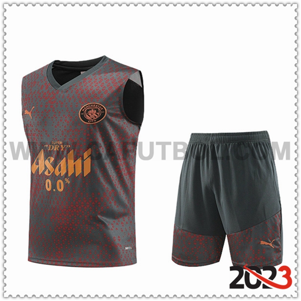 Kit Canotta Allenamento + Pantaloncini Manchester City Grigio/Rosso 2023 2024