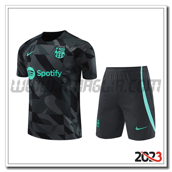 Kit Maglia Allenamento + Pantaloncini FC Barcellona Nero/Grigio/Verde 2023 2024 -02